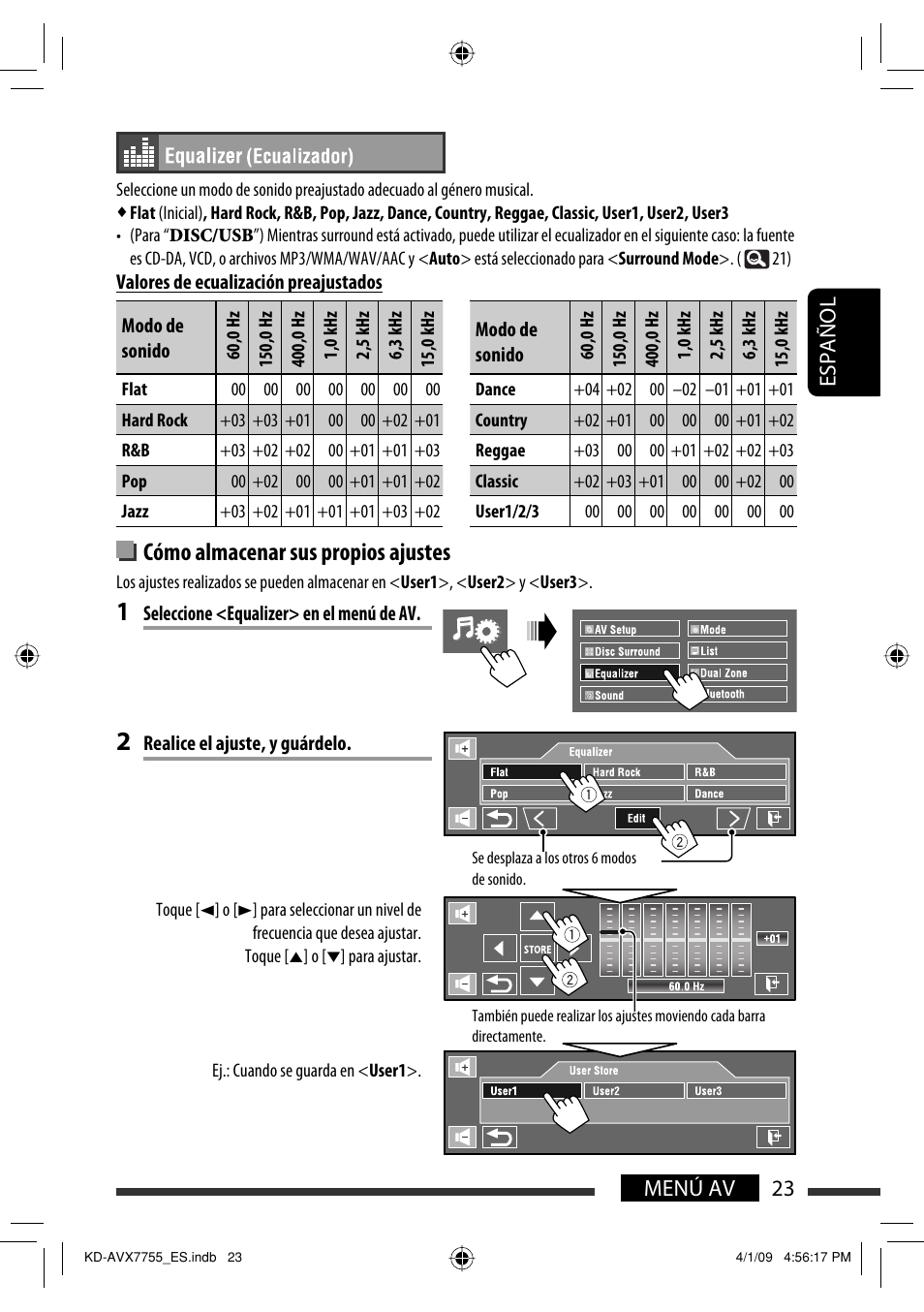 Cómo almacenar sus propios ajustes, 23 menú av español | JVC KD-AVX77 User Manual | Page 97 / 220