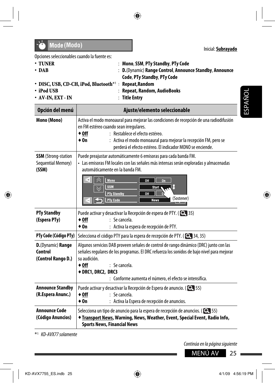 25 menú av español | JVC KD-AVX77 User Manual | Page 99 / 220