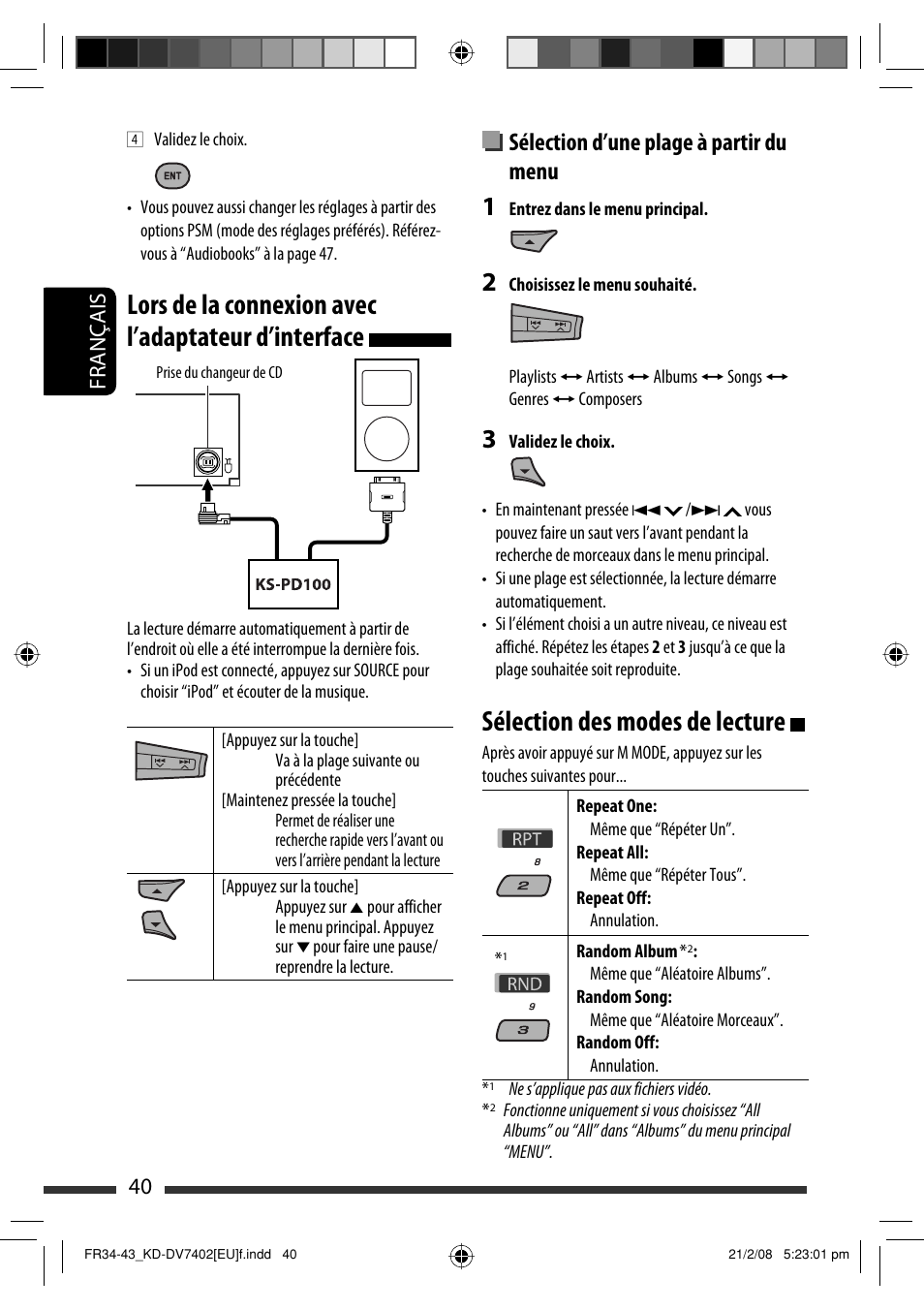 Lors de la connexion avec l’adaptateur d’interface, Sélection des modes de lecture, Sélection d’une plage à partir du menu | 40 français | JVC KD-DV7402 User Manual | Page 106 / 201