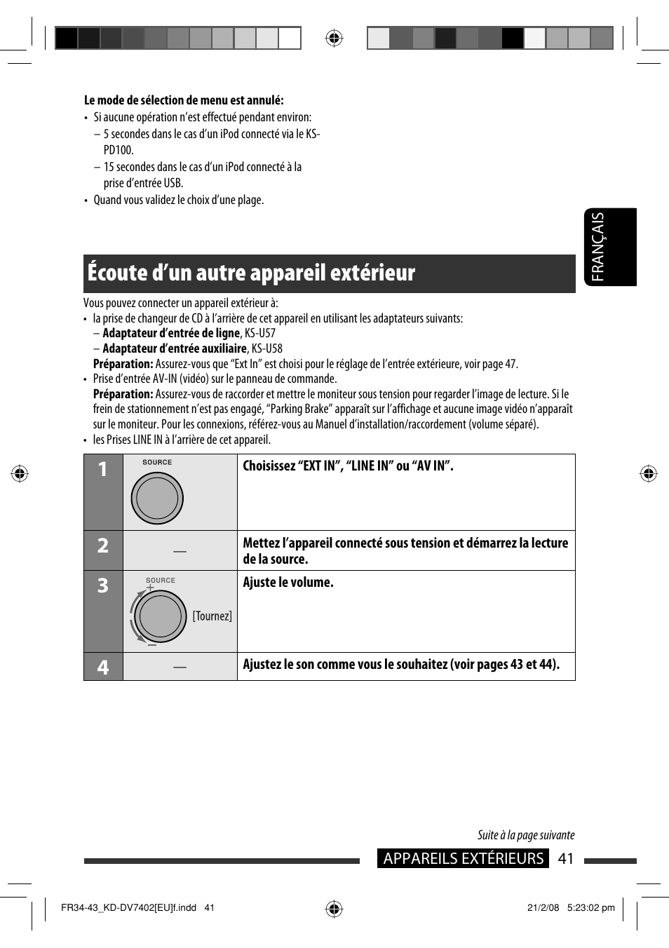 Écoute d’un autre appareil extérieur | JVC KD-DV7402 User Manual | Page 107 / 201
