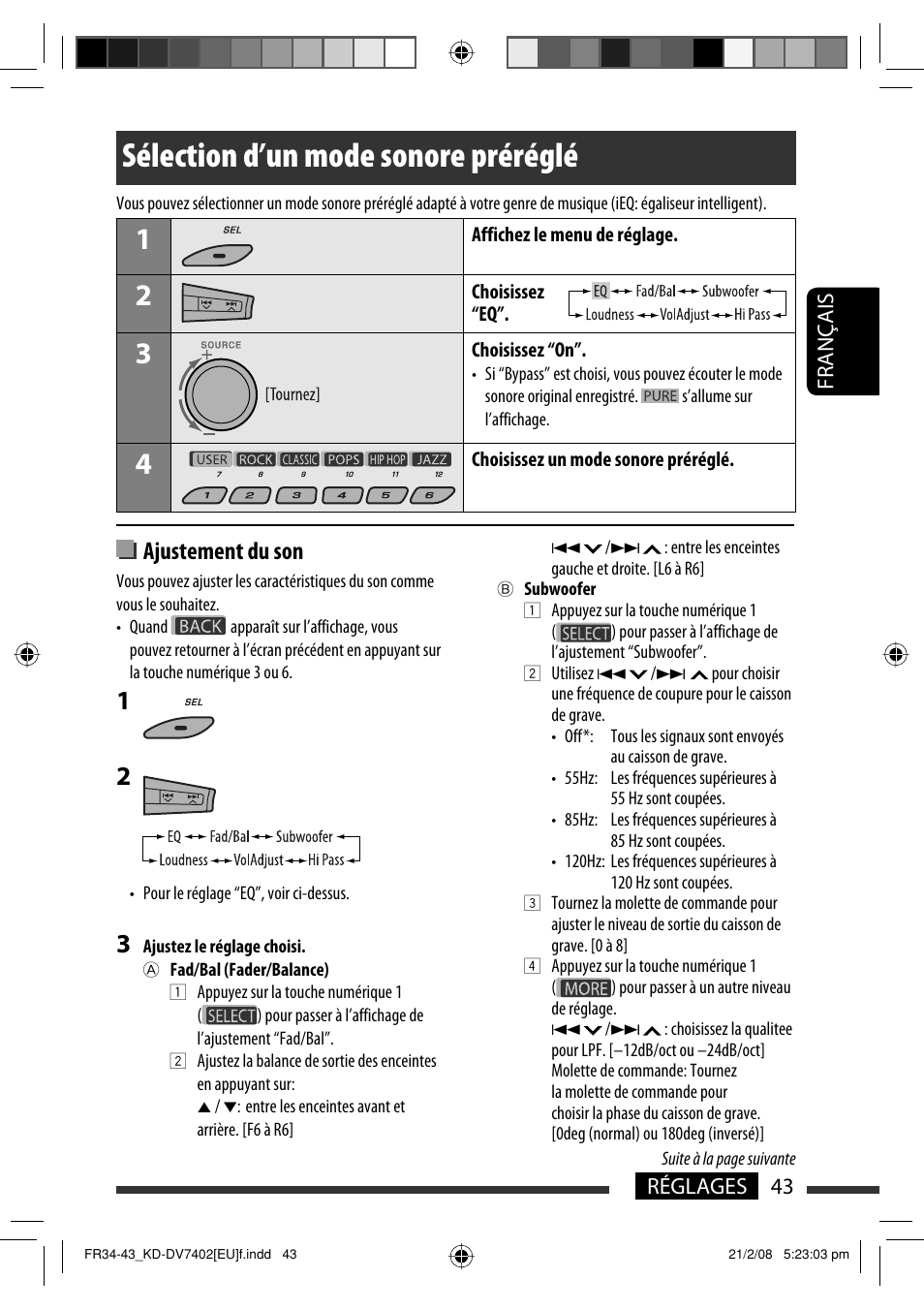 Sélection d’un mode sonore préréglé, Ajustement du son, 43 réglages français | JVC KD-DV7402 User Manual | Page 109 / 201