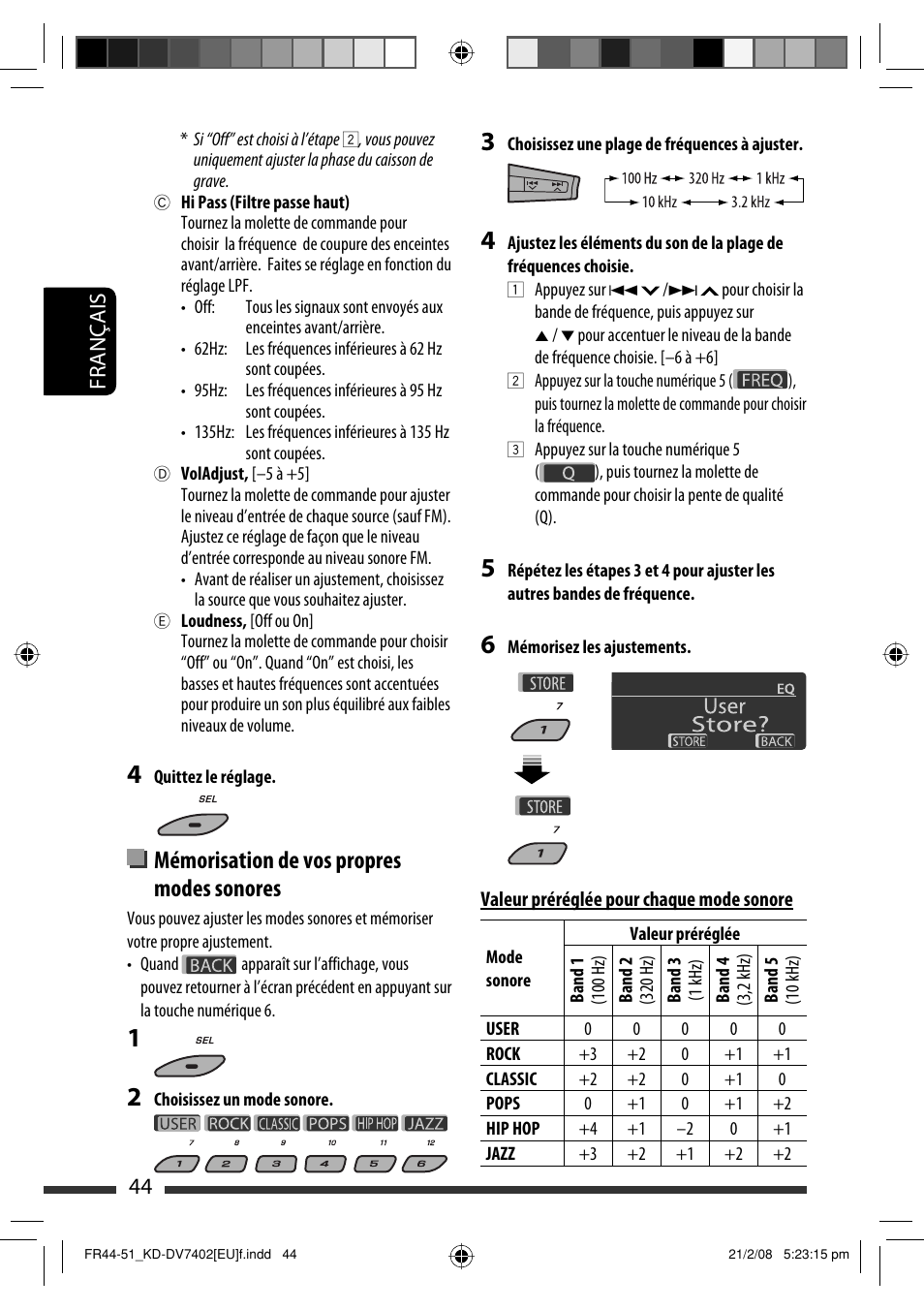 Mémorisation de vos propres modes sonores, 44 français | JVC KD-DV7402 User Manual | Page 110 / 201