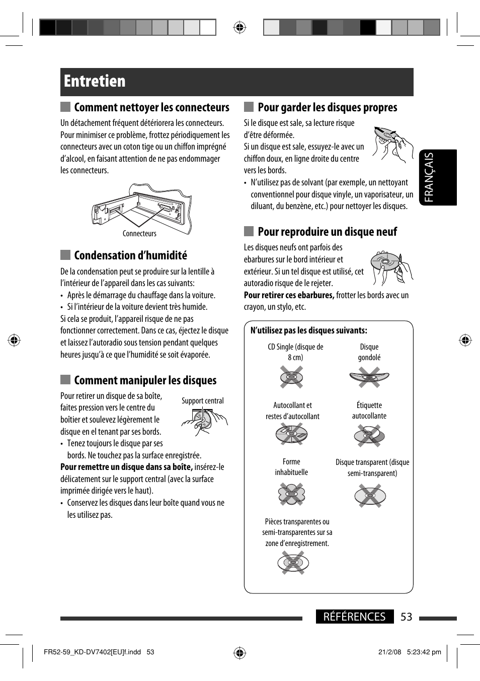 Entretien, Comment nettoyer les connecteurs, Condensation d’humidité | Comment manipuler les disques, Pour garder les disques propres, Pour reproduire un disque neuf, 53 références français | JVC KD-DV7402 User Manual | Page 119 / 201