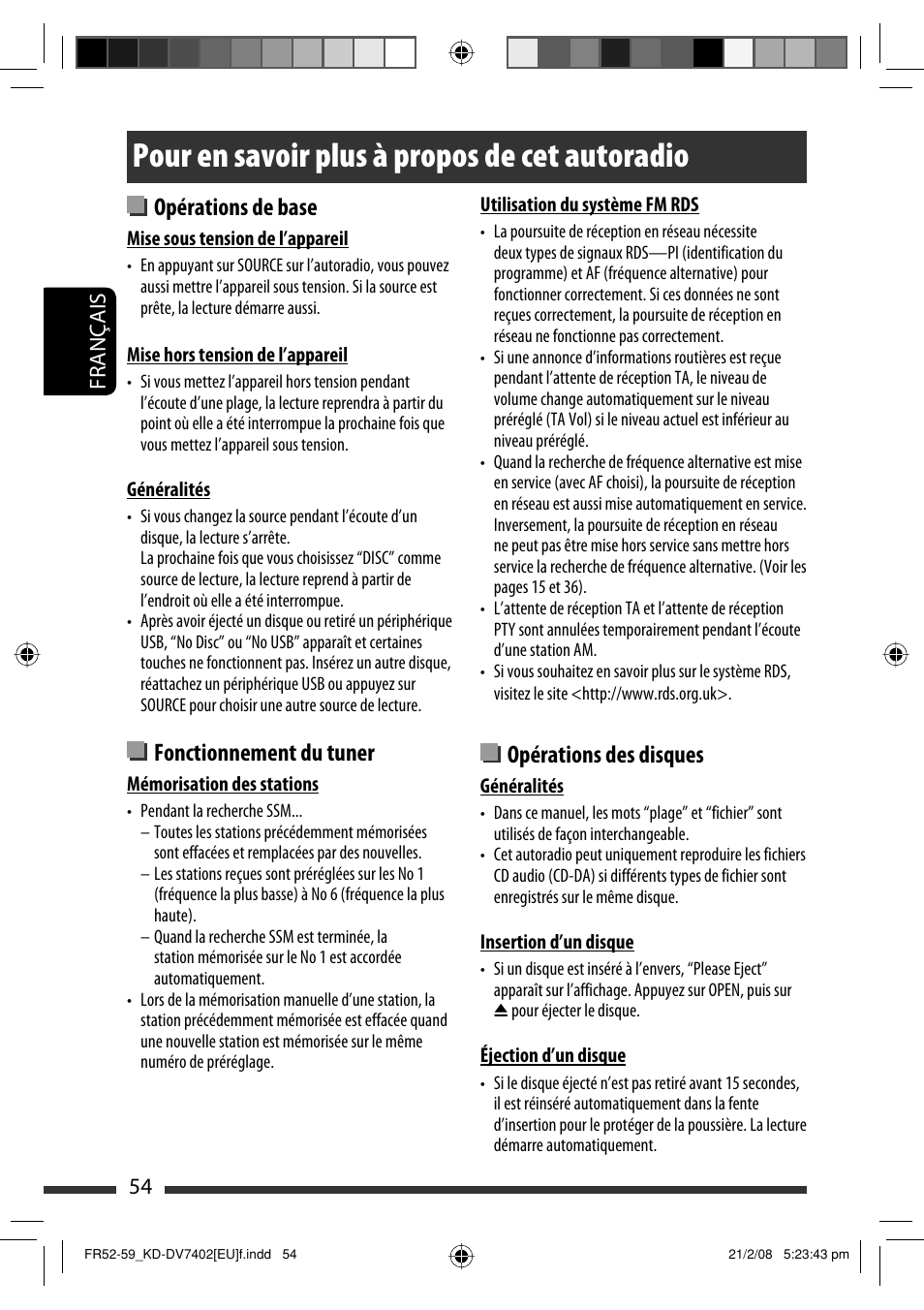 Pour en savoir plus à propos de cet autoradio, Opérations des disques, Opérations de base | Fonctionnement du tuner | JVC KD-DV7402 User Manual | Page 120 / 201