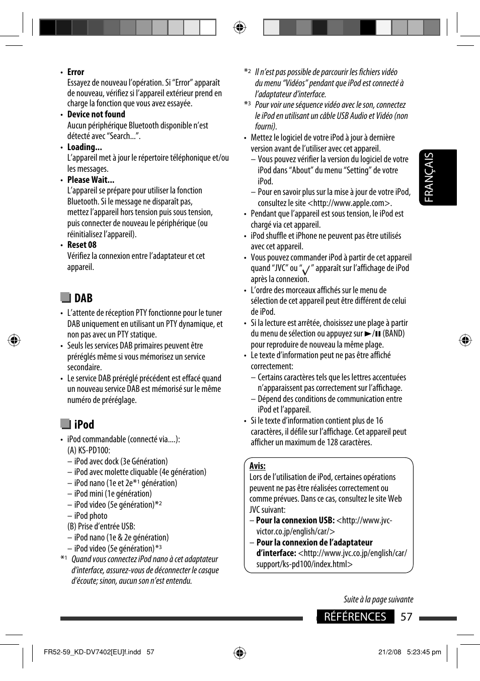 Ipod, 57 références français | JVC KD-DV7402 User Manual | Page 123 / 201
