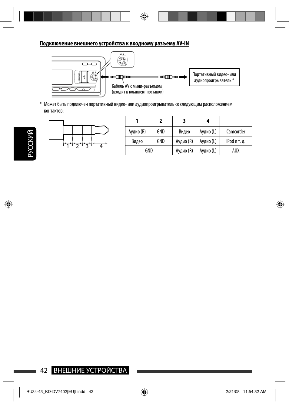 Руcckий 42 внешние устройства | JVC KD-DV7402 User Manual | Page 174 / 201