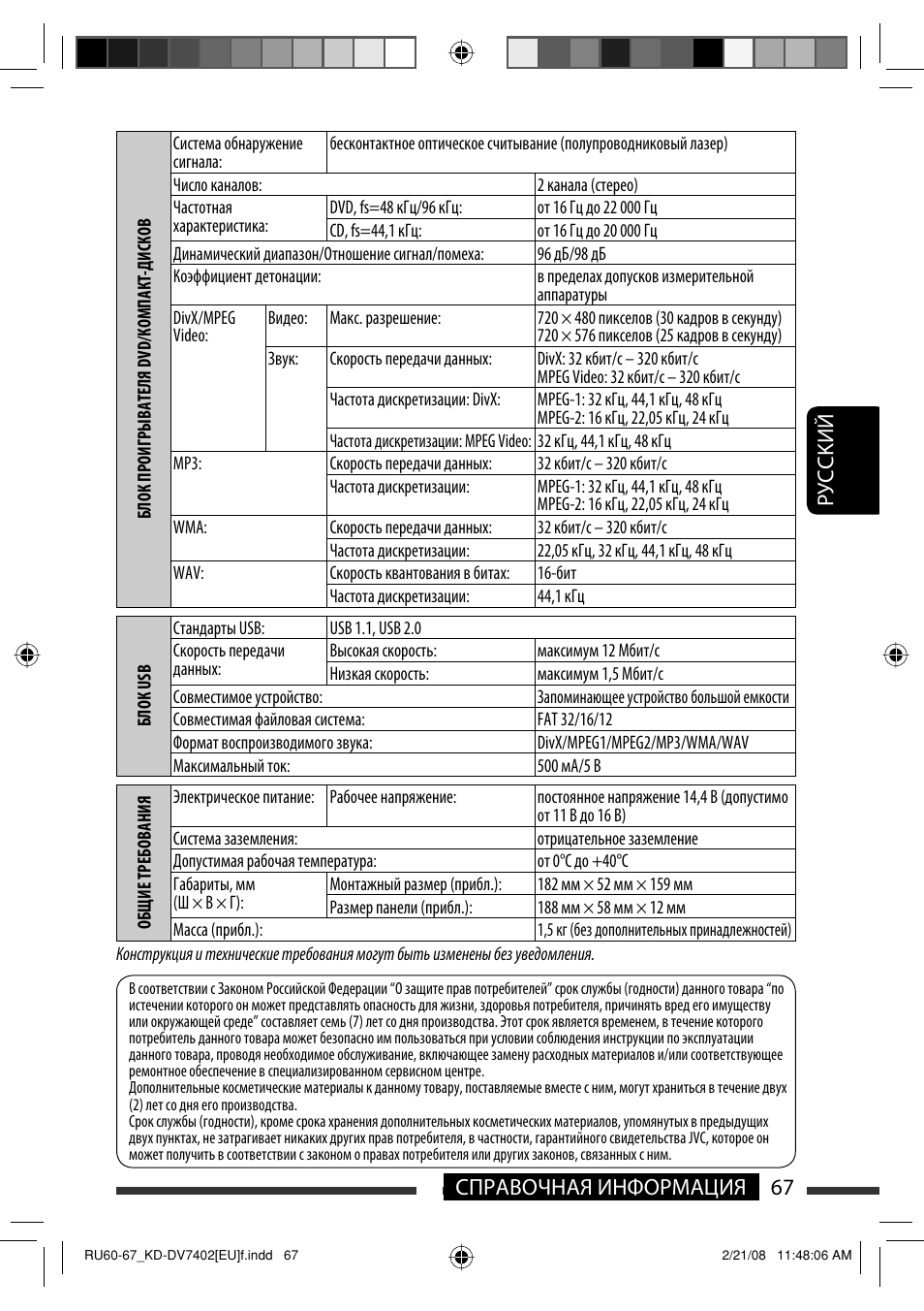 Руcckий 67 справочная информация | JVC KD-DV7402 User Manual | Page 199 / 201