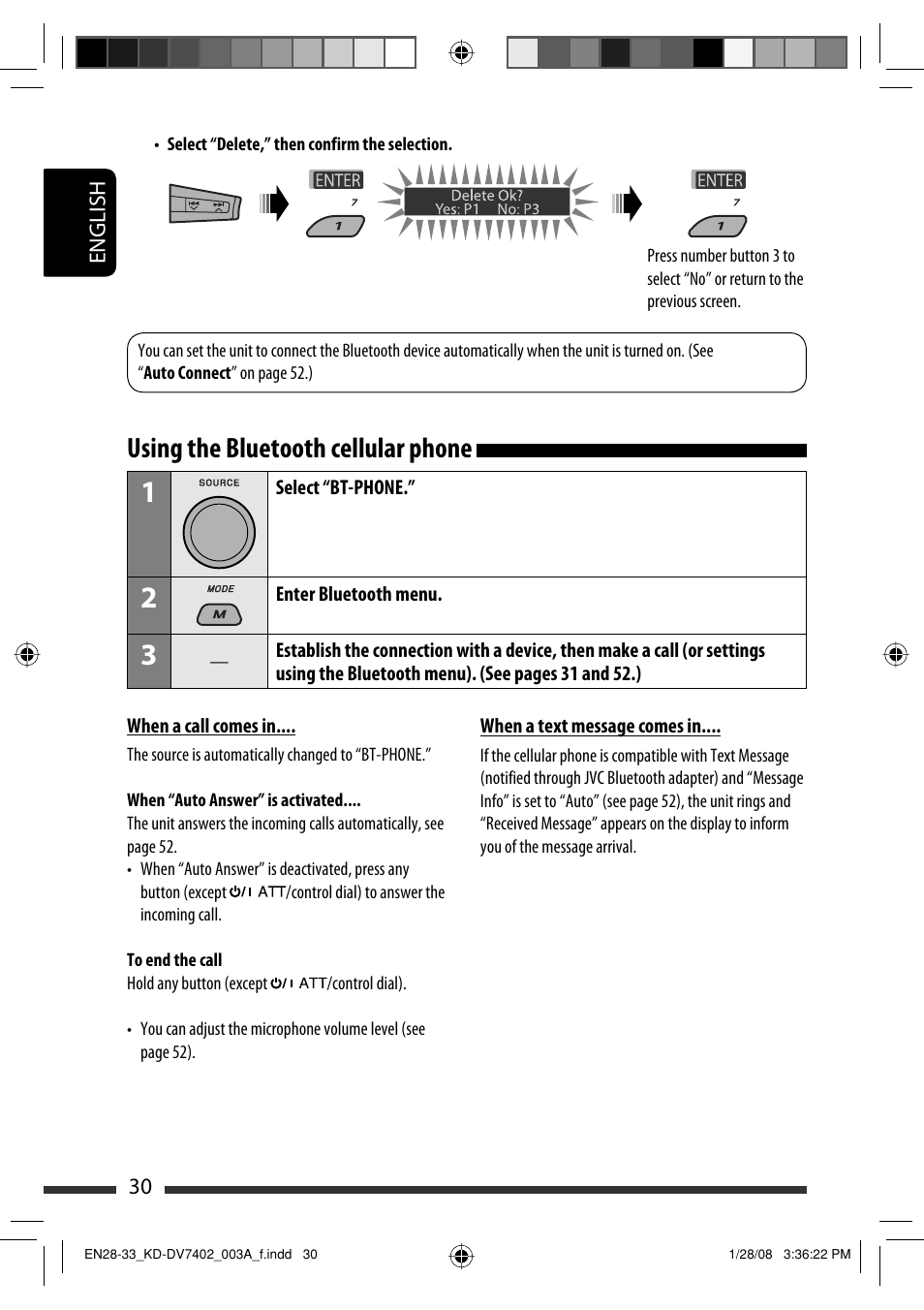 Using the bluetooth cellular phone | JVC KD-DV7402 User Manual | Page 30 / 201
