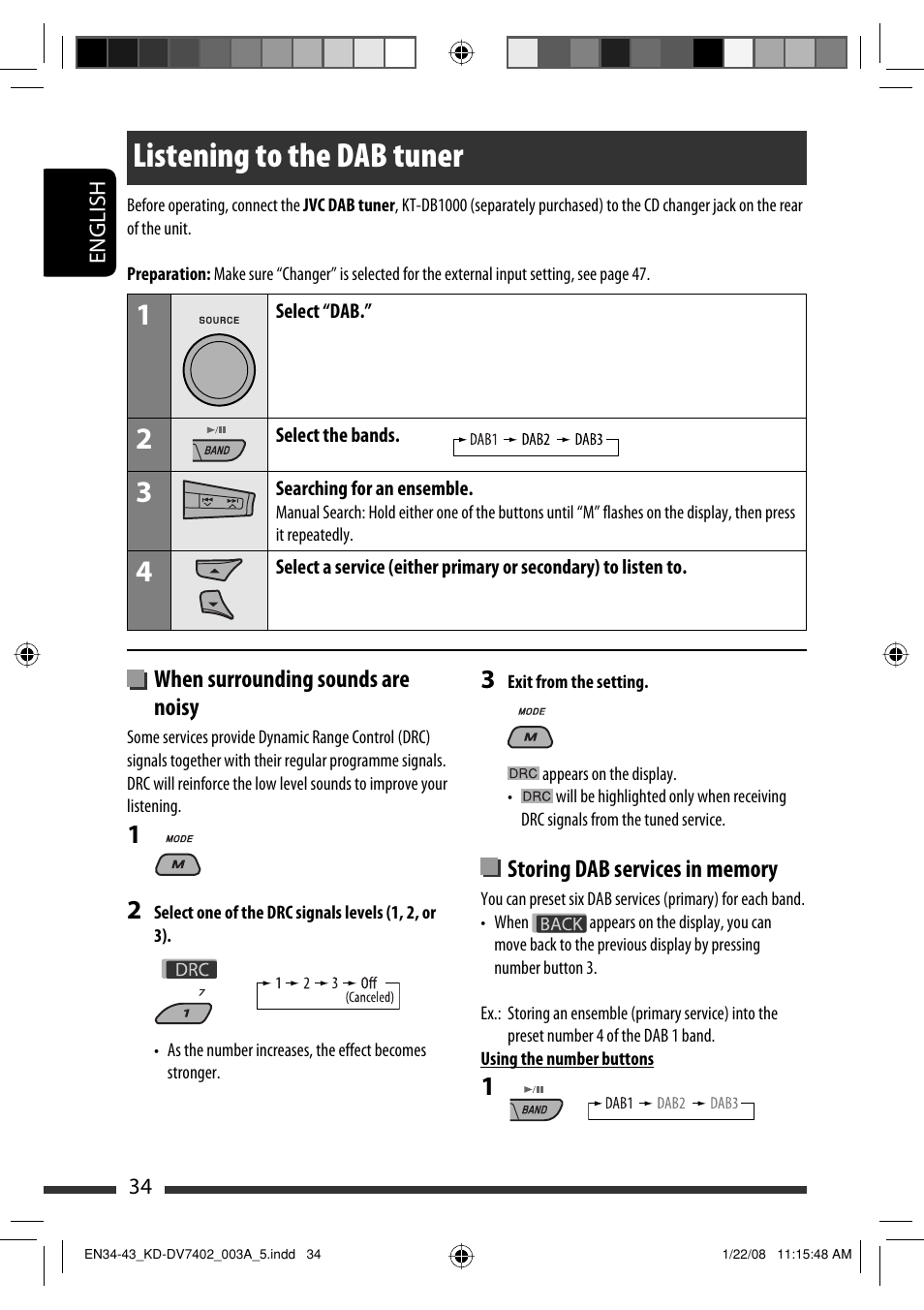 Listening to the dab tuner, When surrounding sounds are noisy | JVC KD-DV7402 User Manual | Page 34 / 201