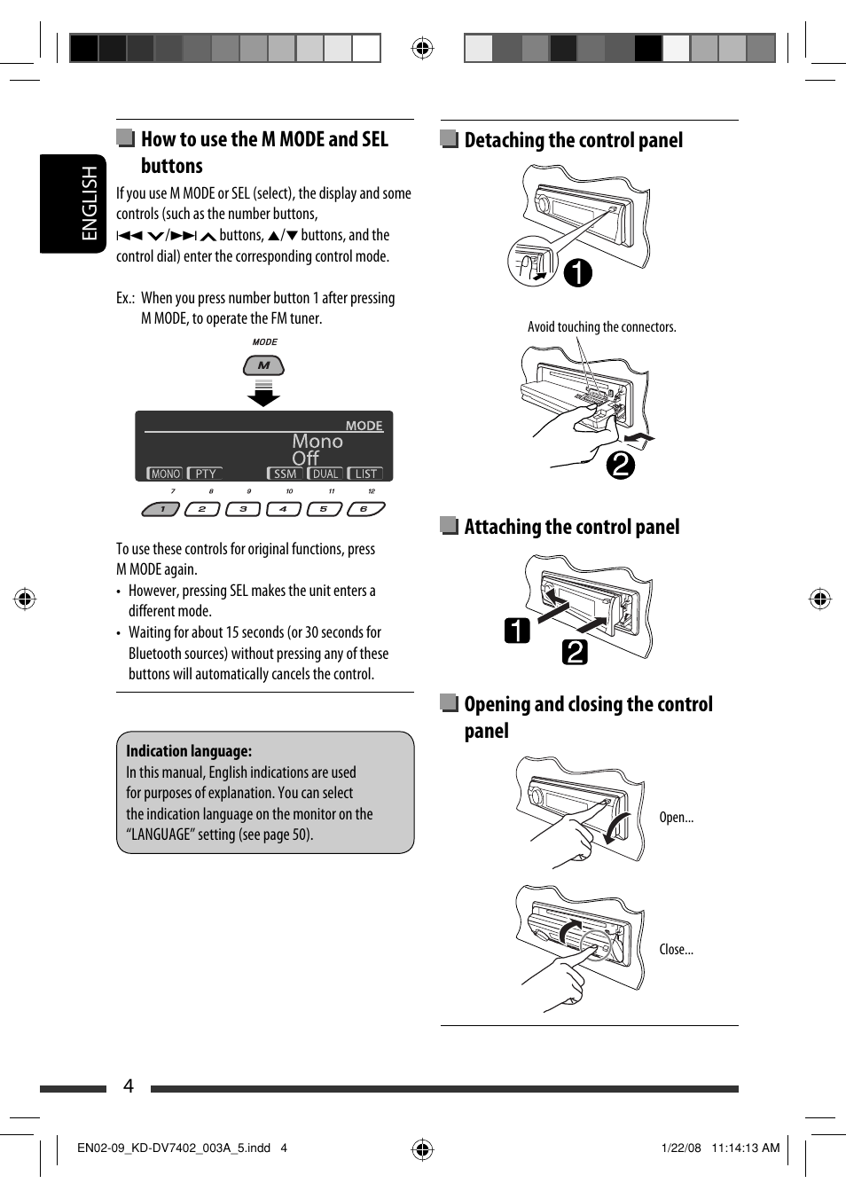 How to use the m mode and sel buttons, English 4 | JVC KD-DV7402 User Manual | Page 4 / 201