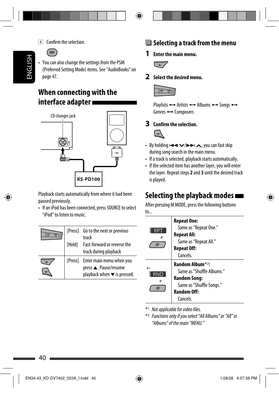When connecting with the interface adapter, Selecting the playback modes, Selecting a track from the menu | English 40 | JVC KD-DV7402 User Manual | Page 40 / 201