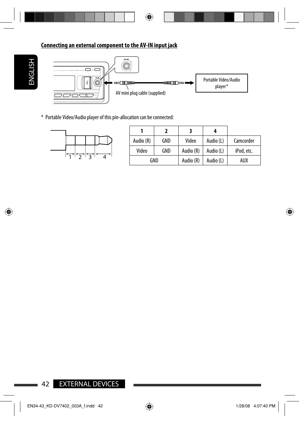 English 42 external devices | JVC KD-DV7402 User Manual | Page 42 / 201