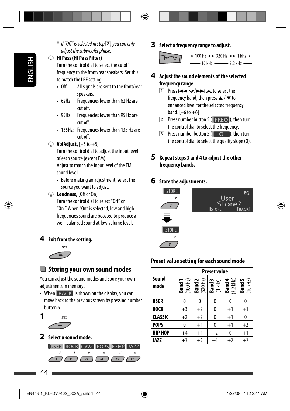 Storing your own sound modes, English 44 | JVC KD-DV7402 User Manual | Page 44 / 201