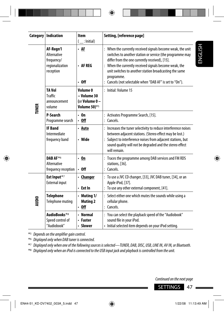 English 47 settings | JVC KD-DV7402 User Manual | Page 47 / 201