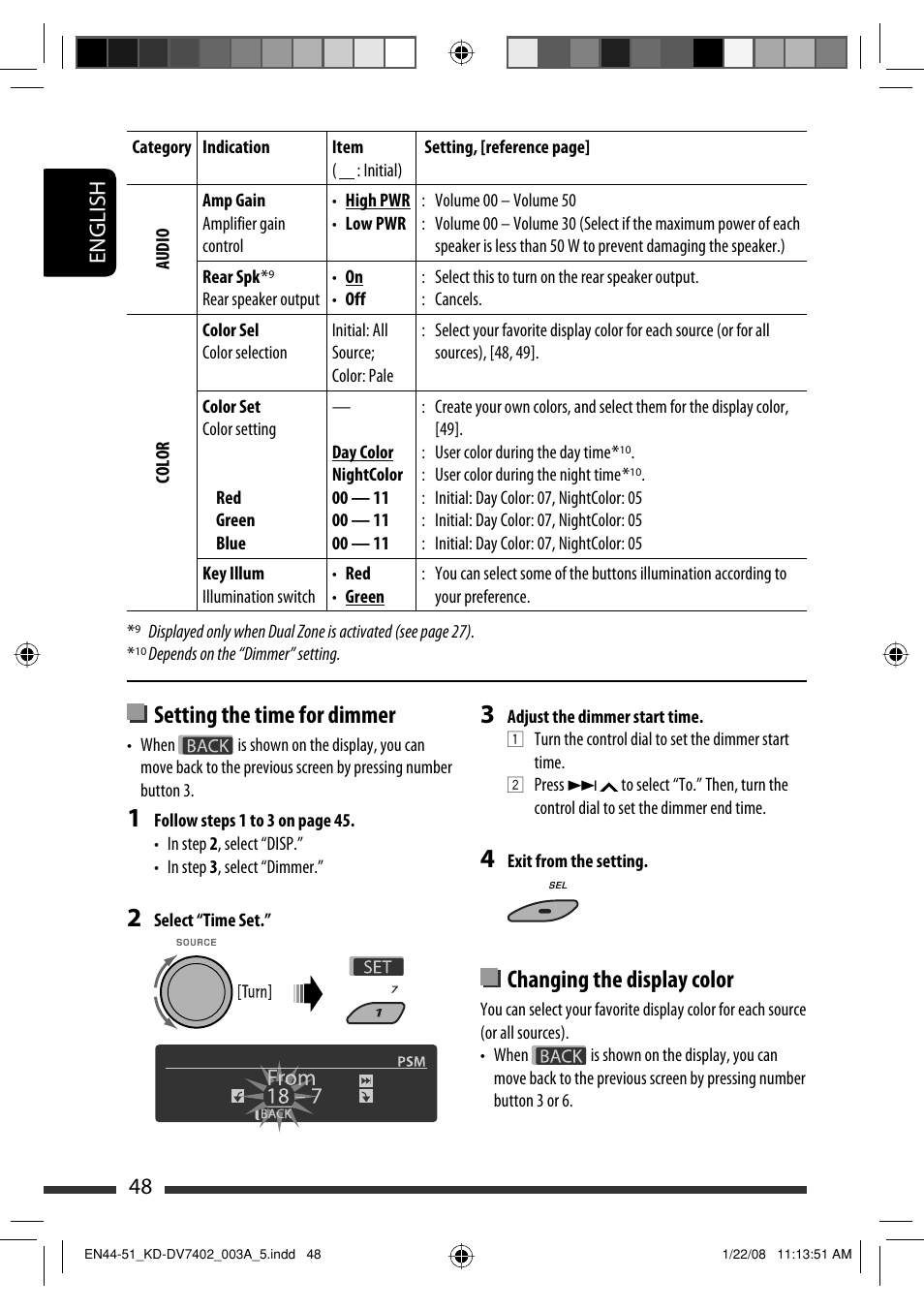 Changing the display color, Setting the time for dimmer, English 48 | JVC KD-DV7402 User Manual | Page 48 / 201