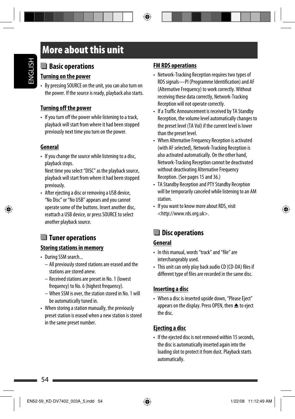 More about this unit, Disc operations, Basic operations | Tuner operations | JVC KD-DV7402 User Manual | Page 54 / 201