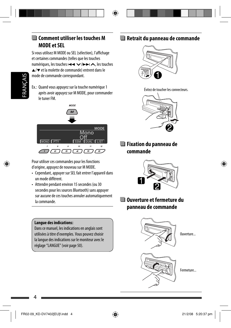 Comment utiliser les touches m mode et sel, 4français | JVC KD-DV7402 User Manual | Page 70 / 201