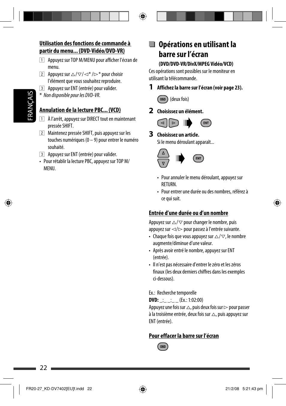 Opérations en utilisant la barre sur l’écran, 22 français | JVC KD-DV7402 User Manual | Page 88 / 201