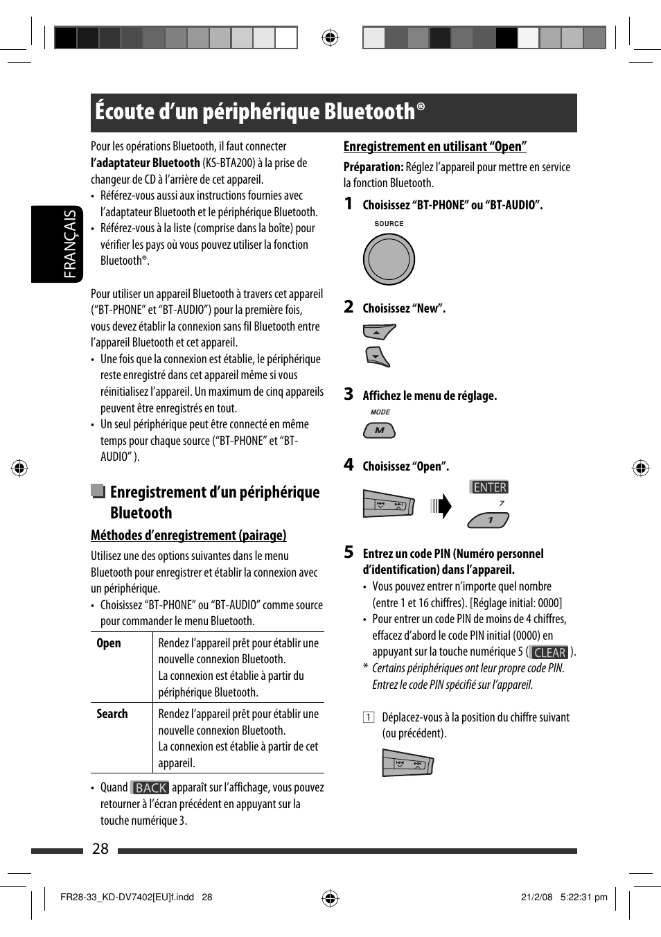 Écoute d’un périphérique bluetooth, Enregistrement d’un périphérique bluetooth | JVC KD-DV7402 User Manual | Page 94 / 201