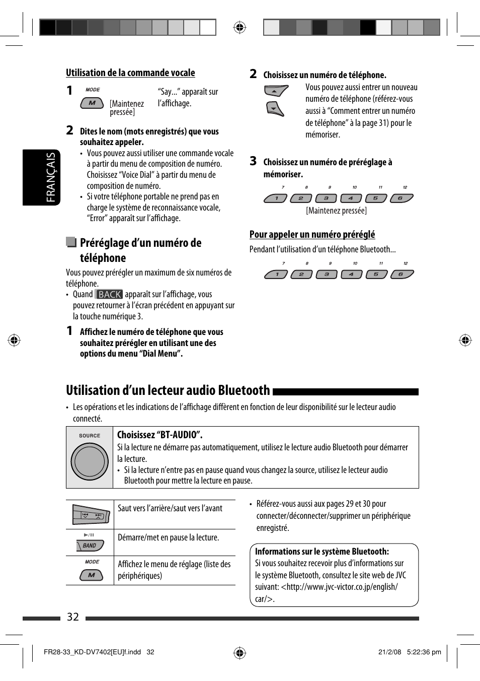 Utilisation d’un lecteur audio bluetooth, Préréglage d’un numéro de téléphone | JVC KD-DV7402 User Manual | Page 98 / 201