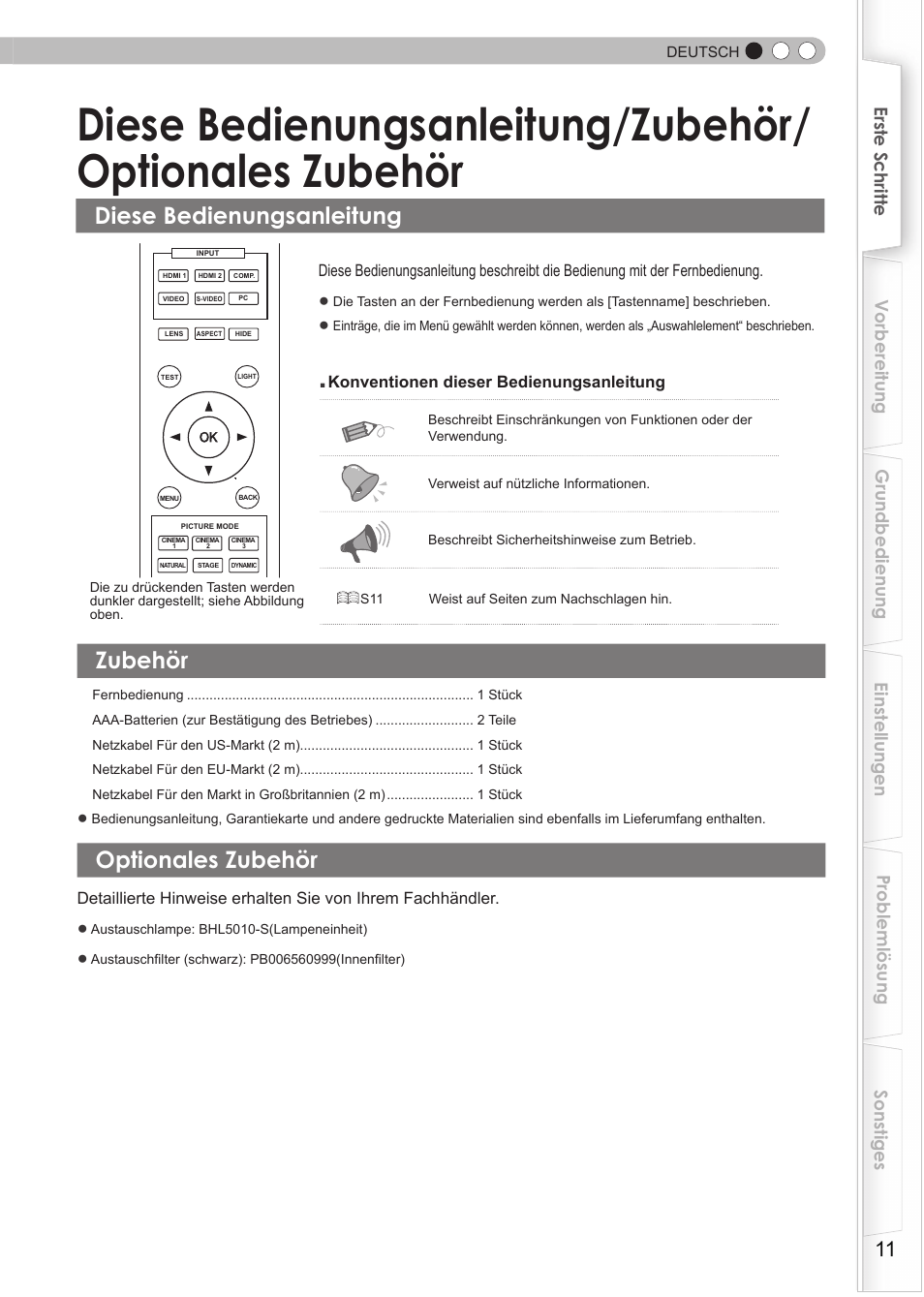 Diese bedienungsanleitung, Zubehör, Optionales zubehör | Diese bedienungsanleitung/zubehör | JVC DLA-HD950 User Manual | Page 11 / 185