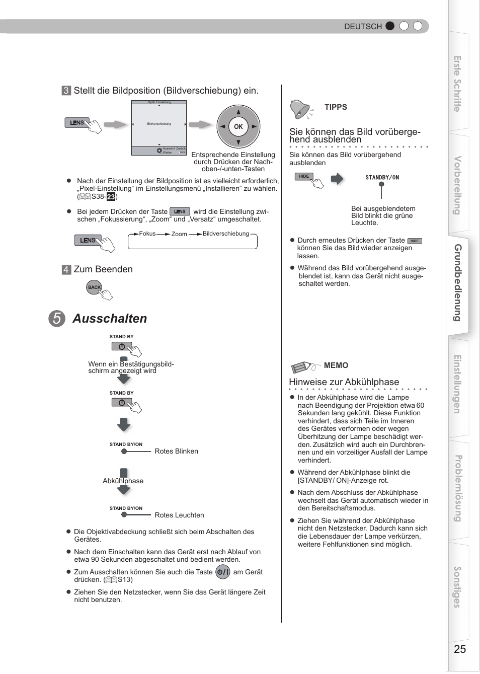 Ausgeblendet, S25), Abkühlphase | Bild vorübergehend ausblenden, Ausschalten | JVC DLA-HD950 User Manual | Page 25 / 185