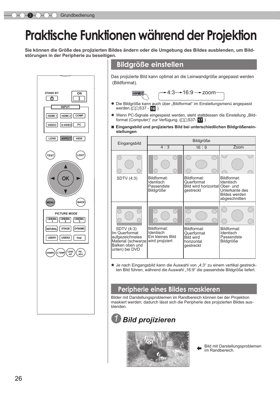 Praktische funktionen während der projektion, Bildgröße einstellen, Peripherie eines bildes maskieren | Praktische funktionen während der, Projektion, Bildgröße festlegen, S26), Bild projizieren, 3 16:9 zoom | JVC DLA-HD950 User Manual | Page 26 / 185