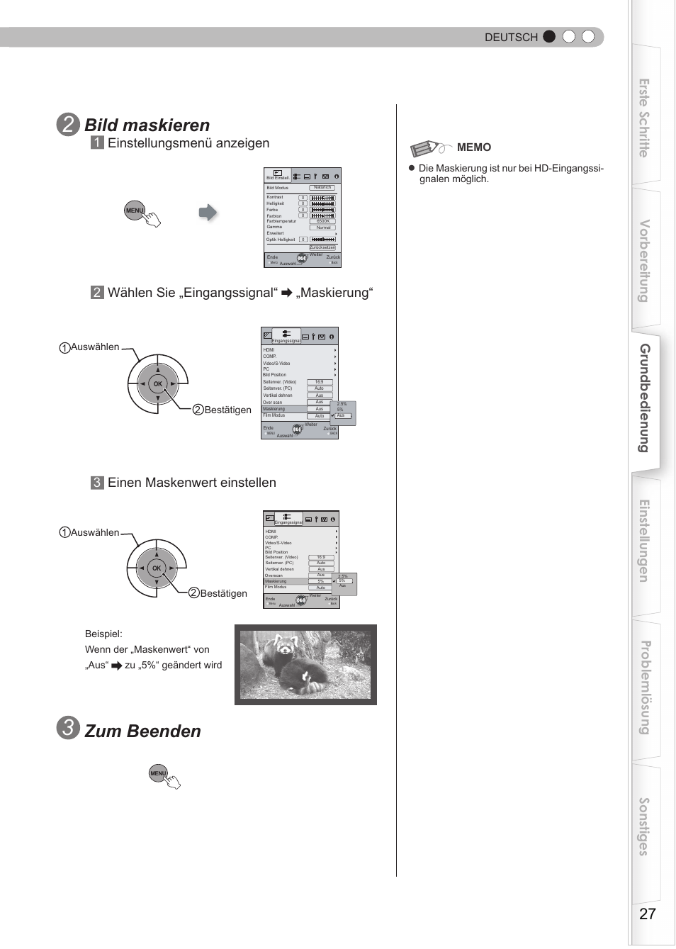 Bild maskieren, Zum beenden, 1einstellungsmenü anzeigen | Deutsch | JVC DLA-HD950 User Manual | Page 27 / 185