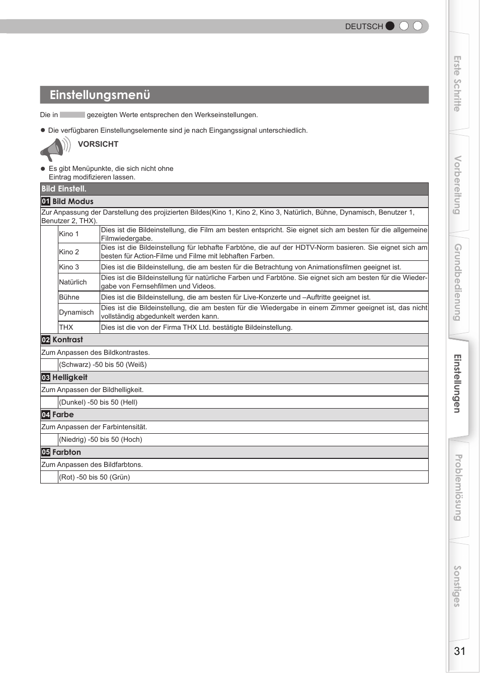Einstellungsmenü | JVC DLA-HD950 User Manual | Page 31 / 185