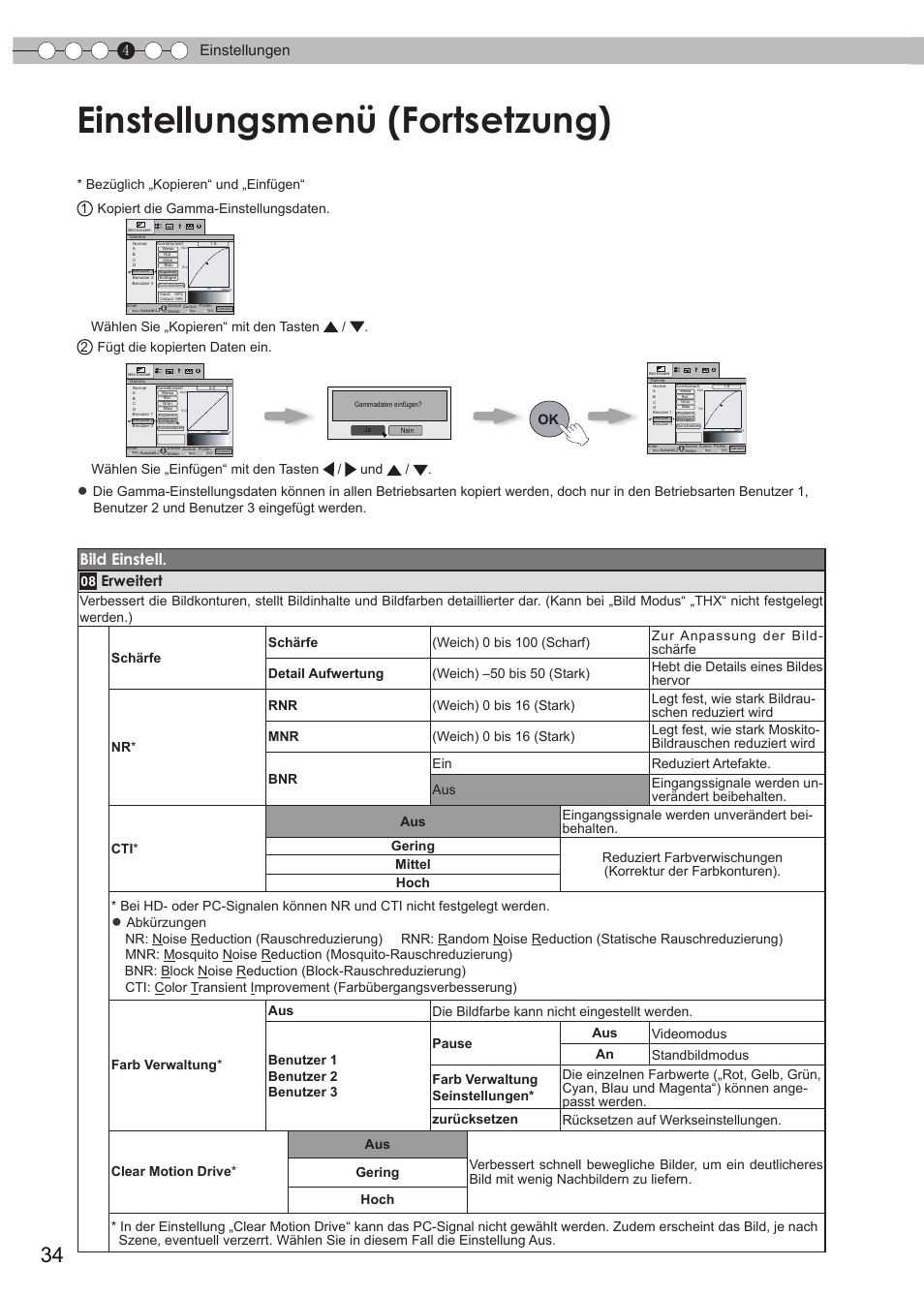 Einstellungsmenü (fortsetzung), Bild einstell, 4einstellungen | Erweitert | JVC DLA-HD950 User Manual | Page 34 / 185
