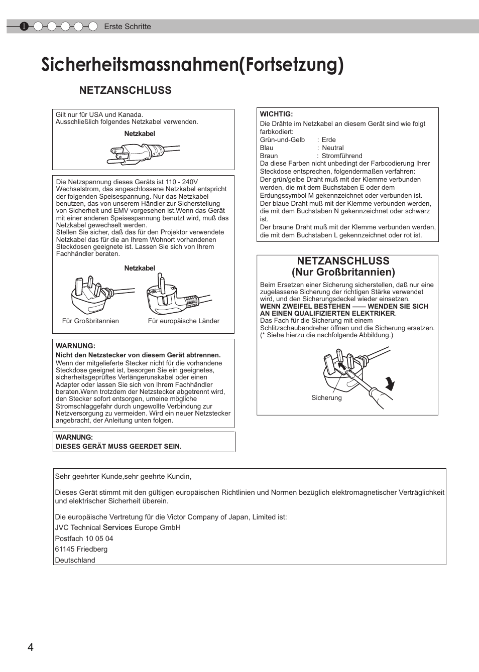 Sicherheitsmassnahmen(fortsetzung), Sicherheitsmassnahmen (fortsetzung), Netzanschluss | Netzanschluss (nur großbritannien) | JVC DLA-HD950 User Manual | Page 4 / 185