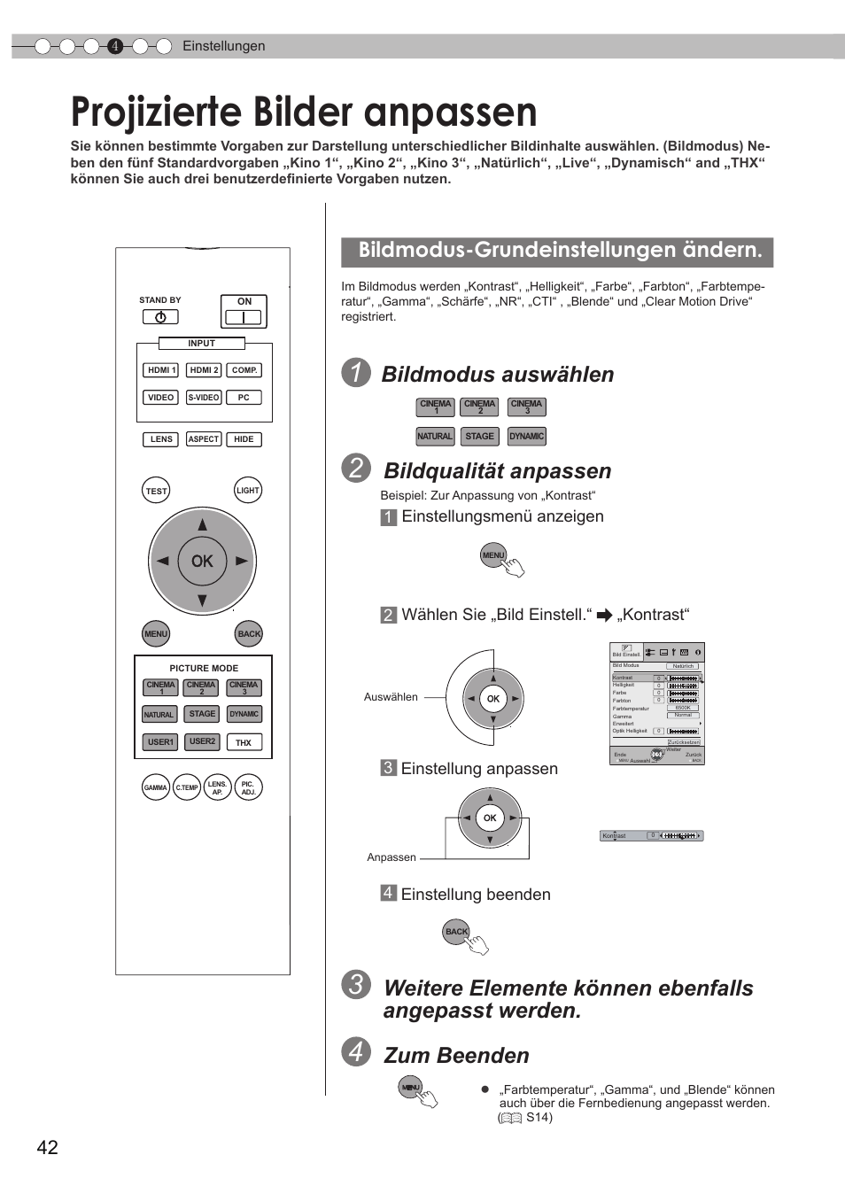 Projizierte bilder anpassen, Bildmodus-grundeinstellungen ändern, Gamma einstellen | S42), Farbtemperatur einstellen, Bildmodus umschalten, Blende, Bildmodus auswählen, Bildqualität anpassen, Weitere elemente können ebenfalls angepasst werden | JVC DLA-HD950 User Manual | Page 42 / 185
