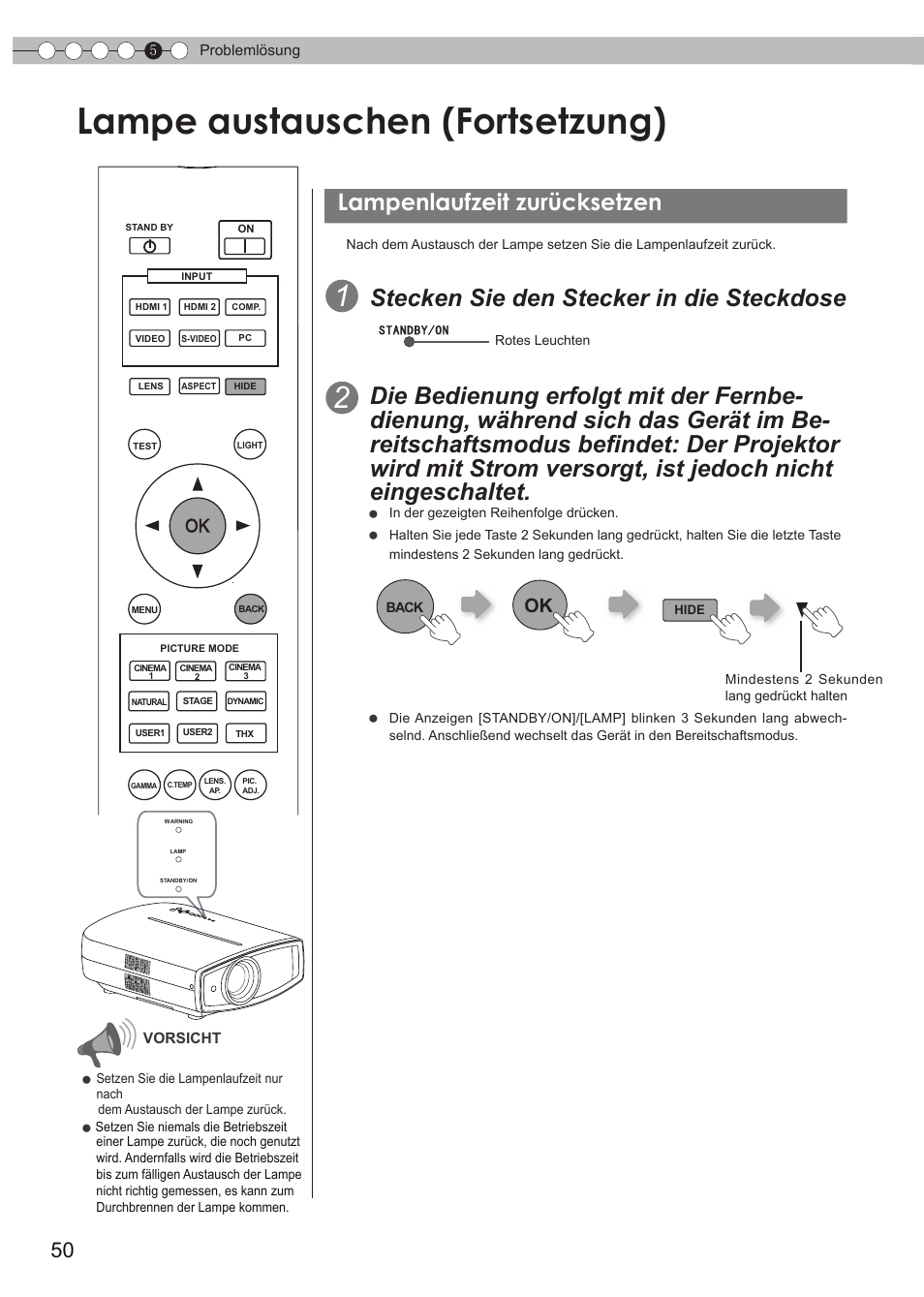 Lampenlaufzeit zurücksetzen, Lampe austauschen (fortsetzung), Stecken sie den stecker in die steckdose | JVC DLA-HD950 User Manual | Page 50 / 185
