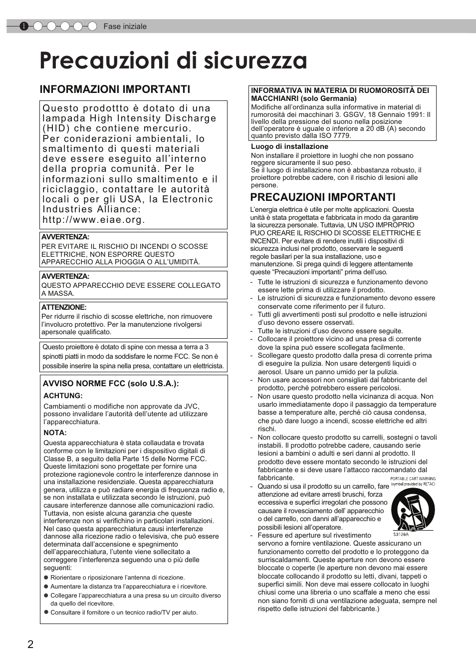 Fase iniziale, Precauzioni di sicurezza, Informazioni importanti precauzioni importanti | JVC DLA-HD950 User Manual | Page 64 / 185