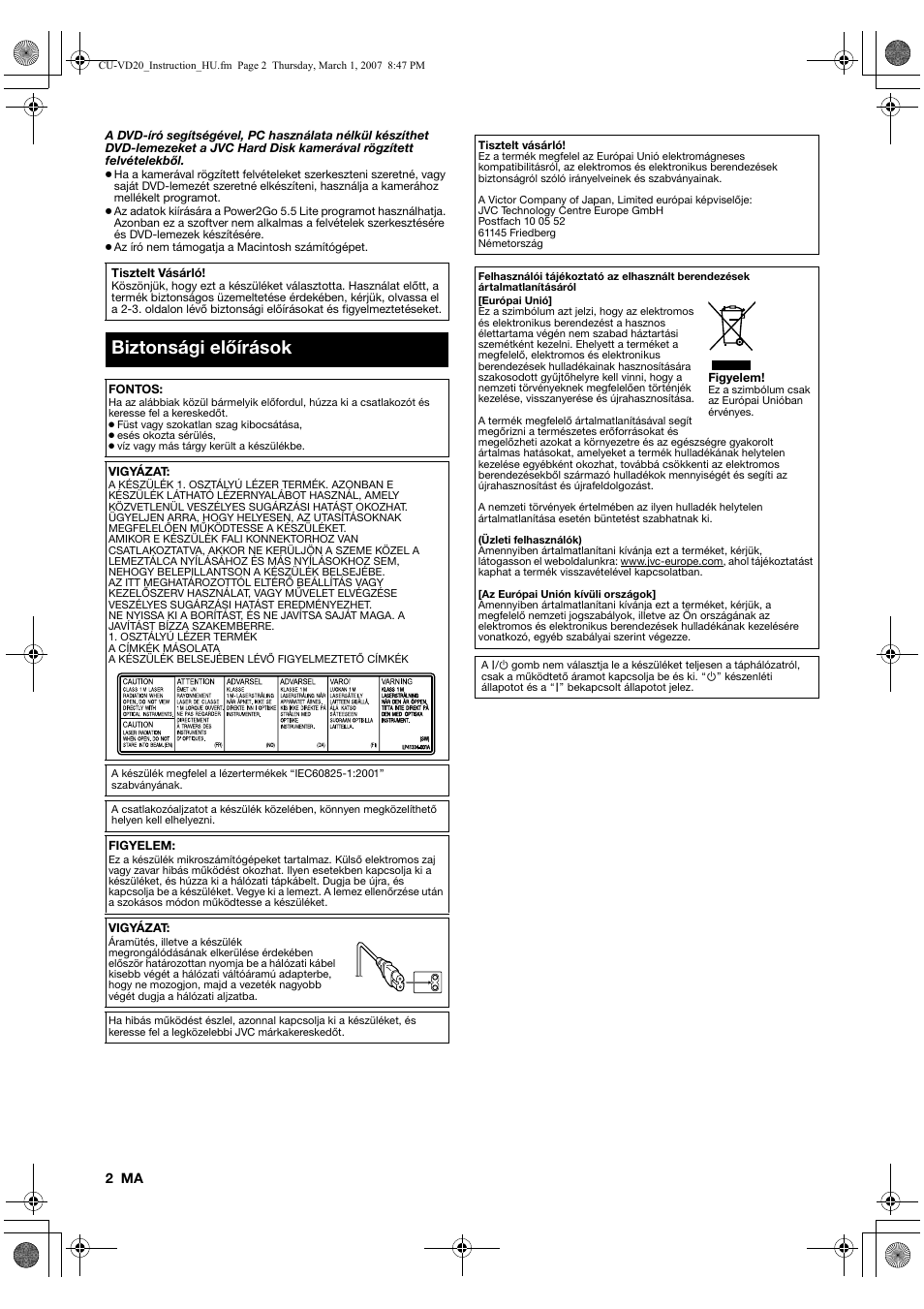 Magyar, Biztonsági előírások | JVC CU-VD20 User Manual | Page 100 / 136