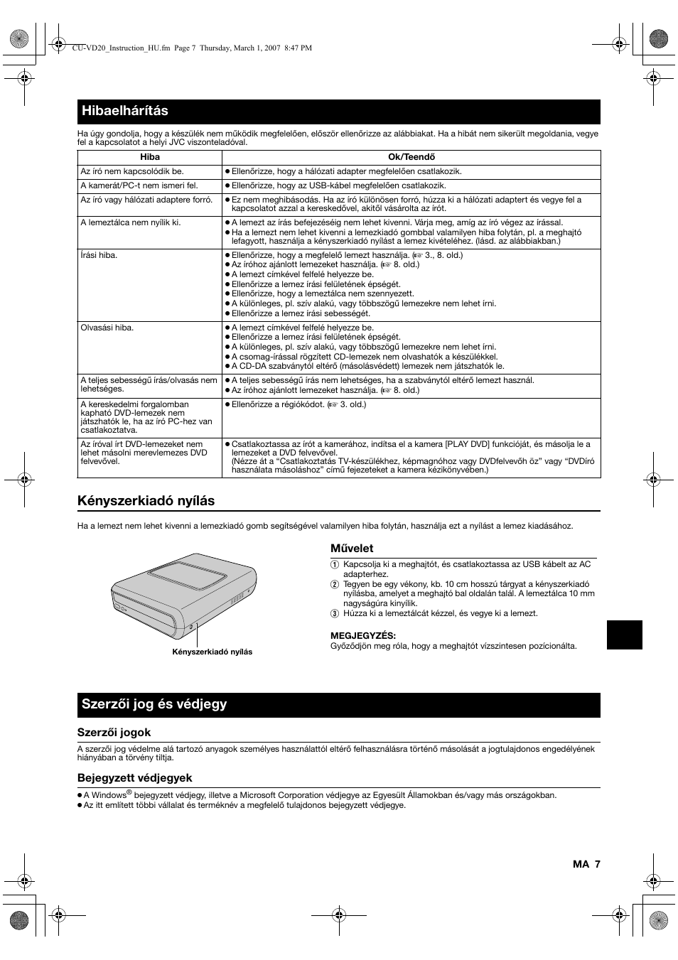 Hibaelhárítás, Kényszerkiadó nyílás, Szerzői jog és védjegy | Szerzői jogok, Bejegyzett védjegyek | JVC CU-VD20 User Manual | Page 105 / 136