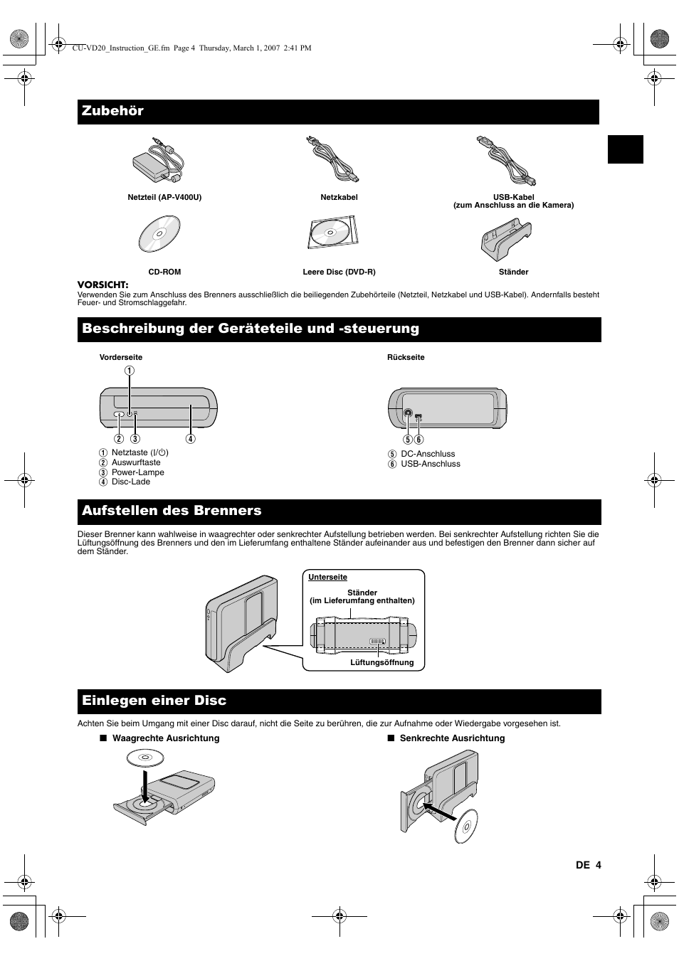 Zubehör, Beschreibung der geräteteile und -steuerung, Aufstellen des brenners | Einlegen einer disc | JVC CU-VD20 User Manual | Page 11 / 136
