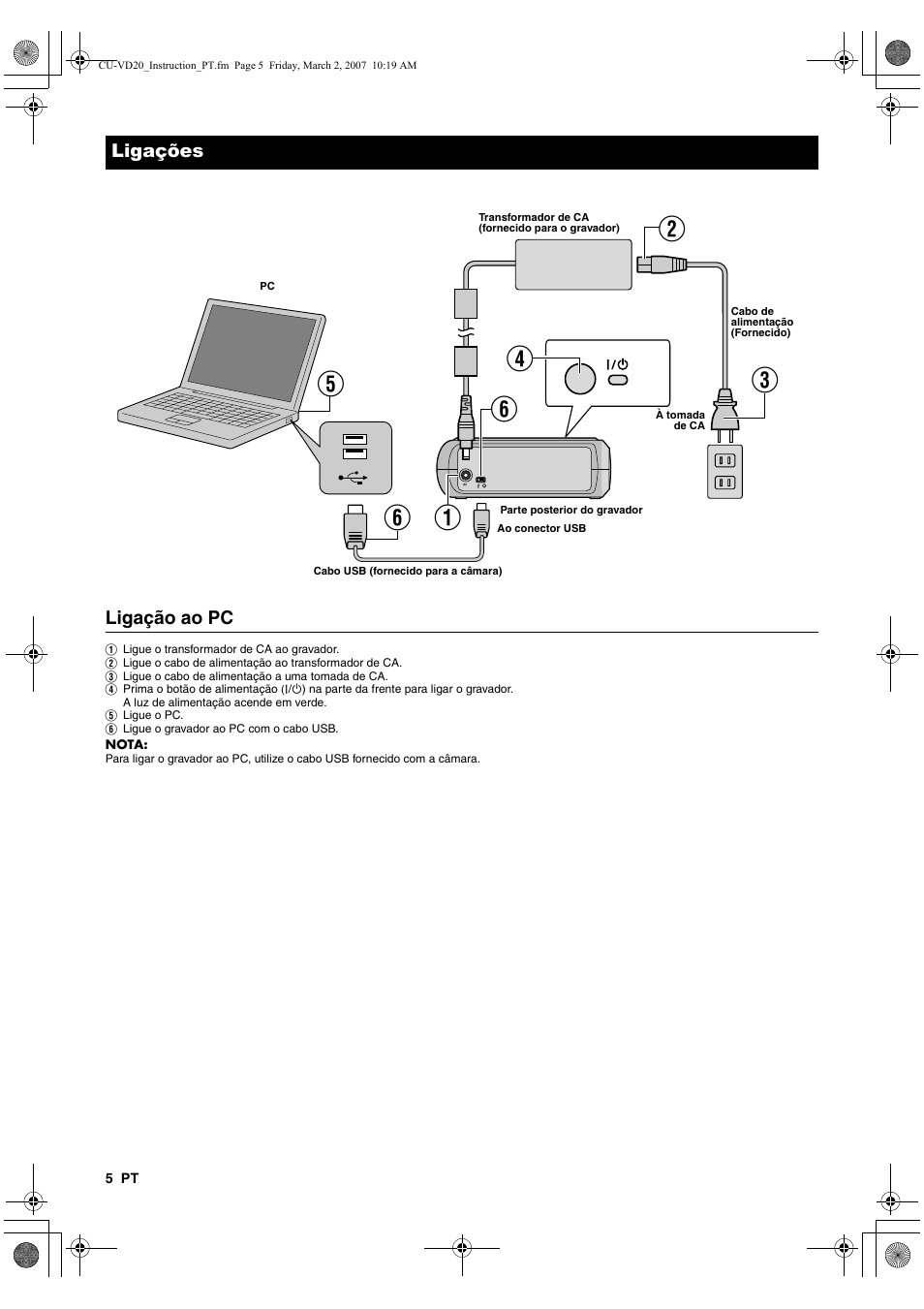 Ligações, Ligação ao pc | JVC CU-VD20 User Manual | Page 110 / 136