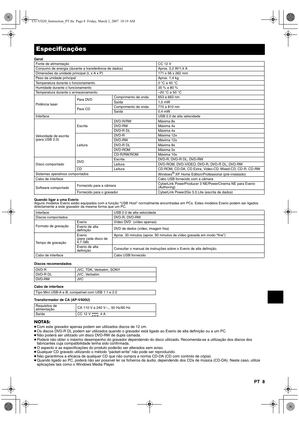 Especificações | JVC CU-VD20 User Manual | Page 113 / 136