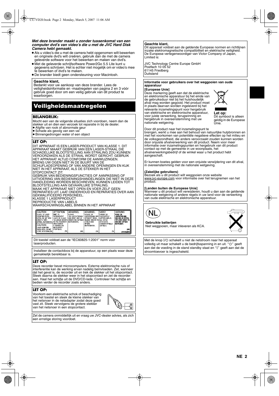Nederlands, Veiligheidsmaatregelen | JVC CU-VD20 User Manual | Page 23 / 136