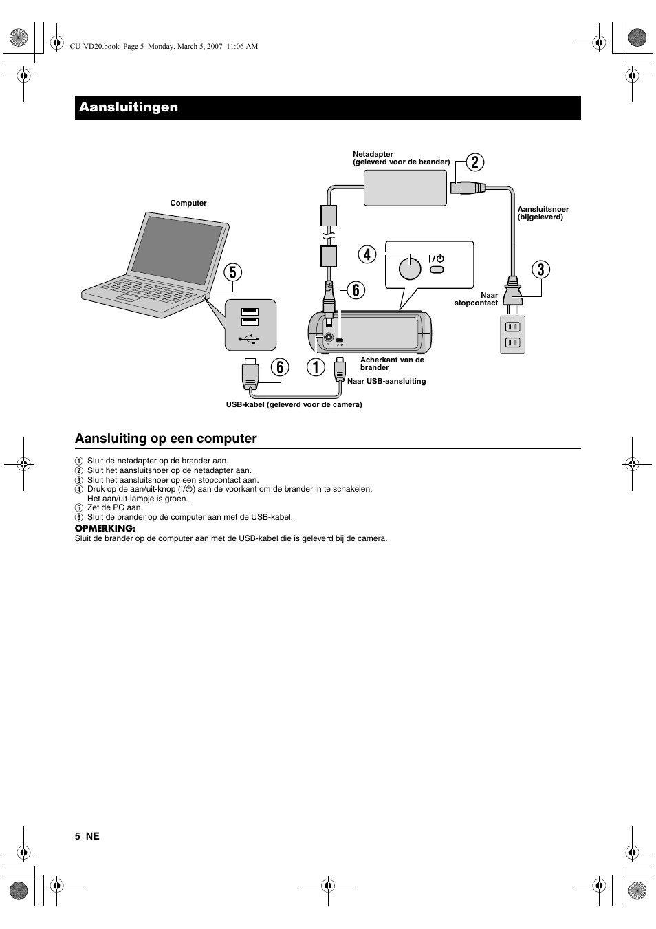Aansluitingen, Aansluiting op een computer | JVC CU-VD20 User Manual | Page 26 / 136