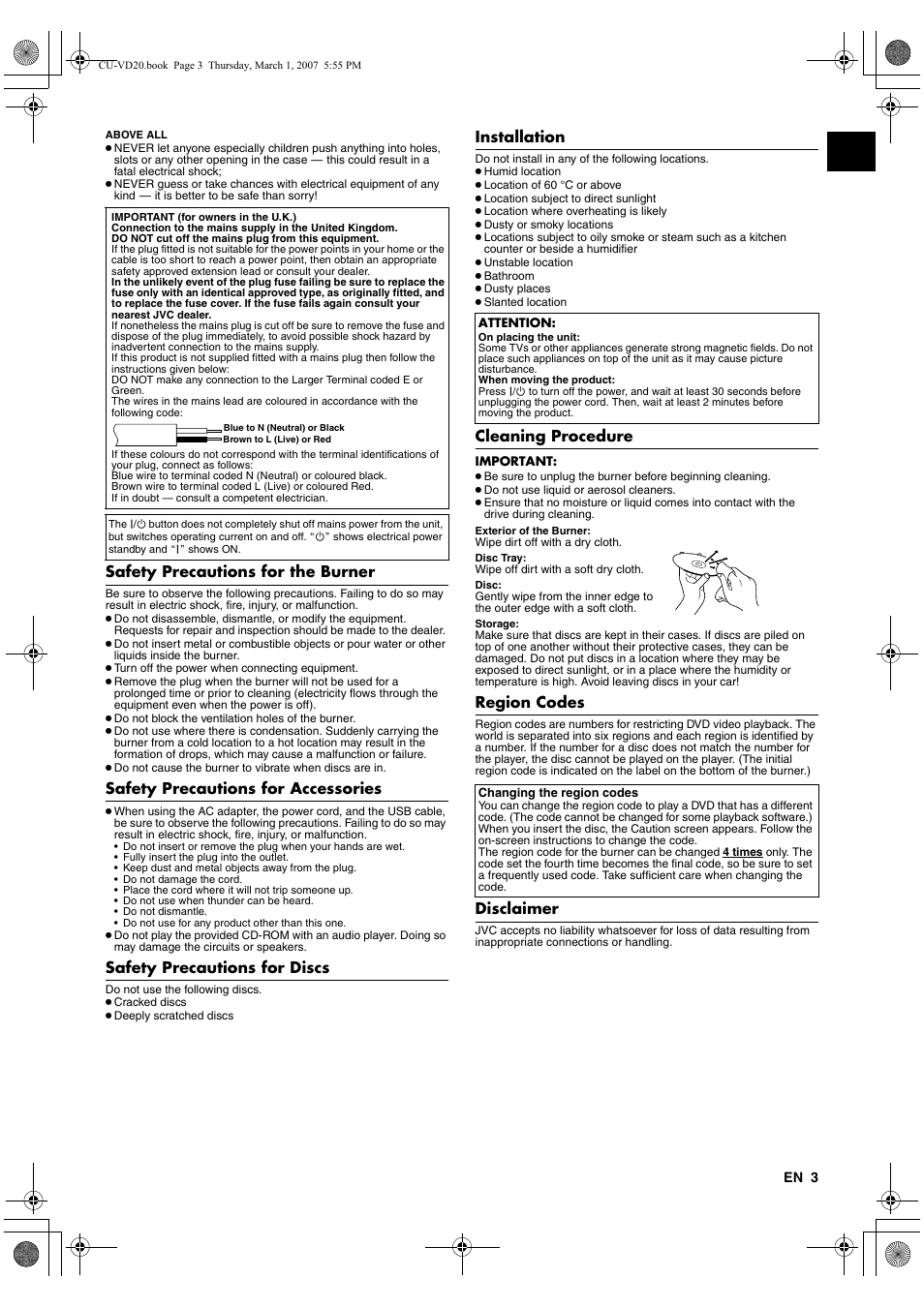 Safety precautions for the burner, Safety precautions for accessories, Safety precautions for discs | Installation, Cleaning procedure, Region codes, Disclaimer | JVC CU-VD20 User Manual | Page 3 / 136