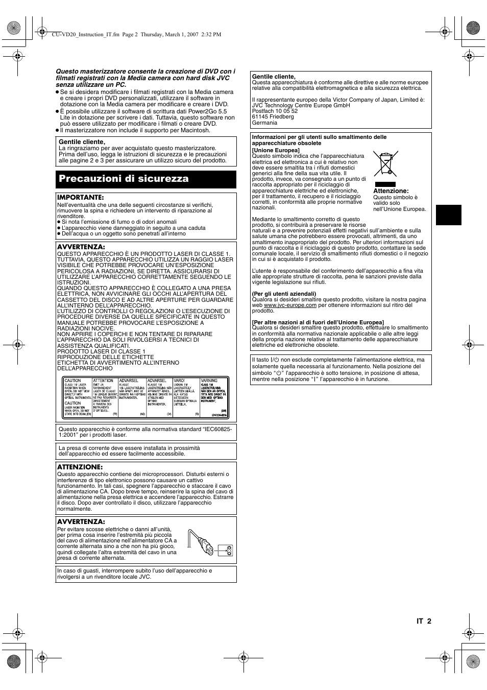 Italiano, Precauzioni di sicurezza | JVC CU-VD20 User Manual | Page 37 / 136