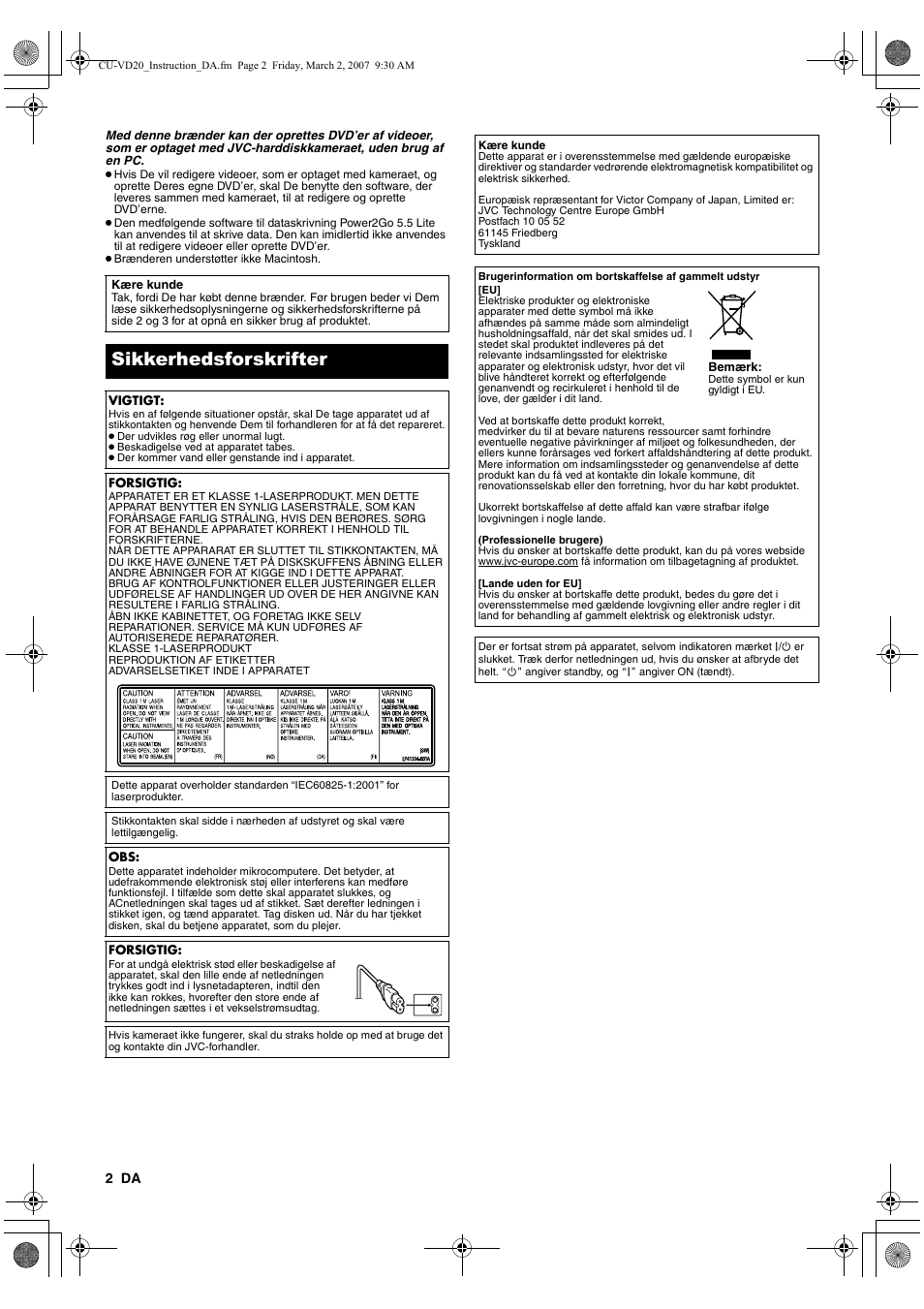 Dansk, Sikkerhedsforskrifter | JVC CU-VD20 User Manual | Page 44 / 136