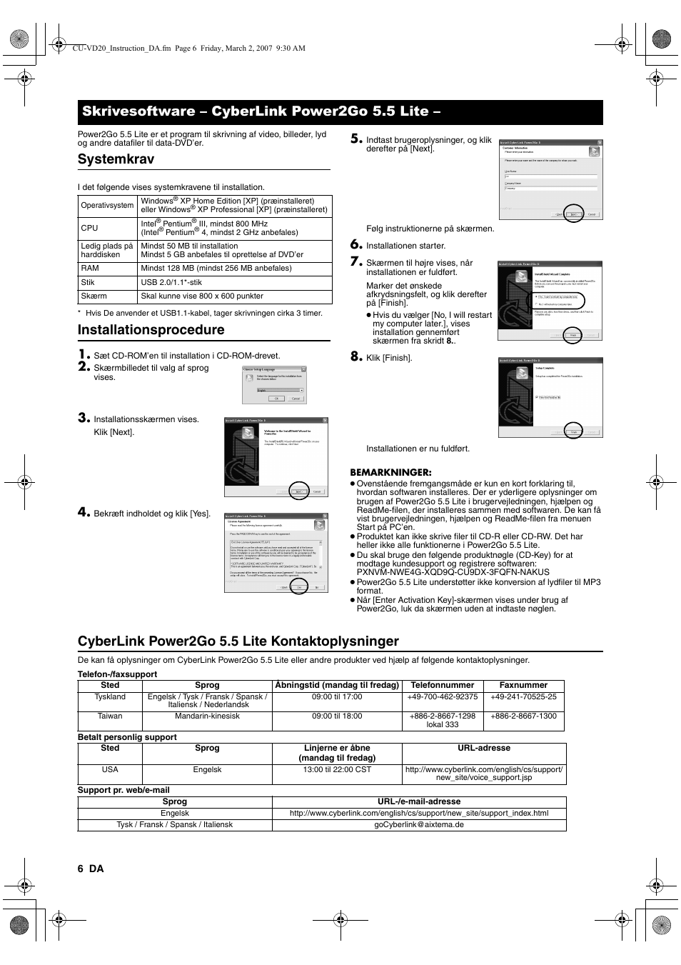 Skrivesoftware - cyberlink power2go 5.5 lite, Systemkrav, Installationsprocedure | Cyberlink power2go 5.5 lite kontaktoplysninger, Skrivesoftware – cyberlink power2go 5.5 lite | JVC CU-VD20 User Manual | Page 48 / 136