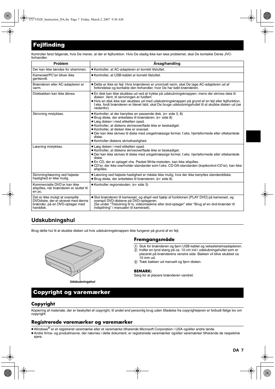 Fejlfinding, Udskubningshul, Copyright og varemærker | Copyright, Registrerede varemærker og varemærker | JVC CU-VD20 User Manual | Page 49 / 136