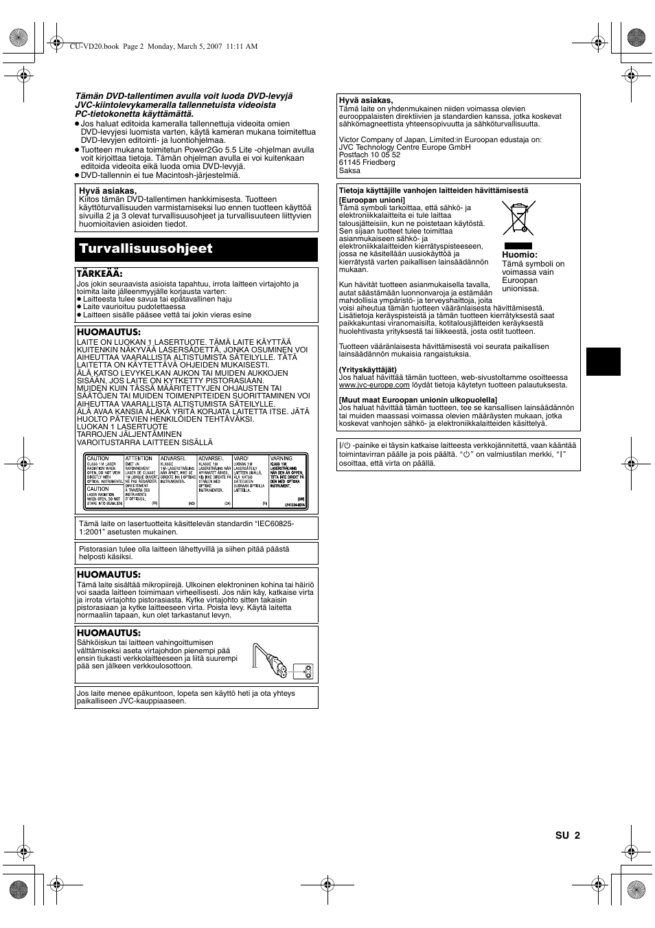 Suomi, Turvallisuusohjeet | JVC CU-VD20 User Manual | Page 51 / 136