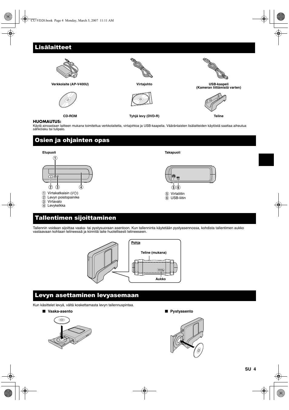 Lisälaitteet, Osien ja ohjainten opas, Tallentimen sijoittaminen | Levyn asettaminen levyasemaan, Osien ja ohjainten opas tallentimen sijoittaminen | JVC CU-VD20 User Manual | Page 53 / 136