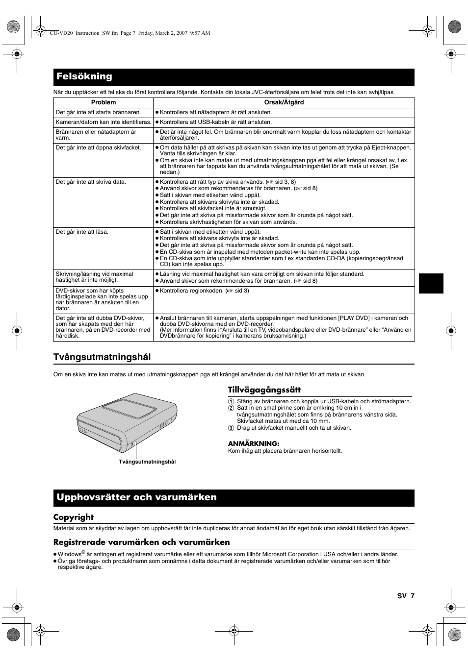 Felsökning, Tvångsutmatningshål, Upphovsrätter och varumärken | Copyright, Registrerade varumärken och varumärken | JVC CU-VD20 User Manual | Page 63 / 136