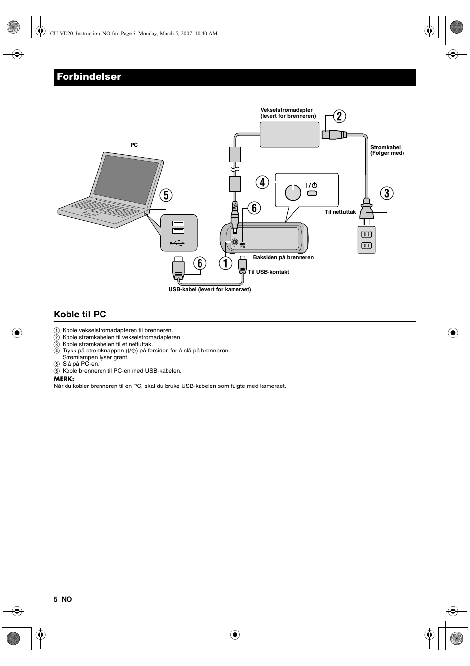 Forbindelser, Koble til pc | JVC CU-VD20 User Manual | Page 68 / 136